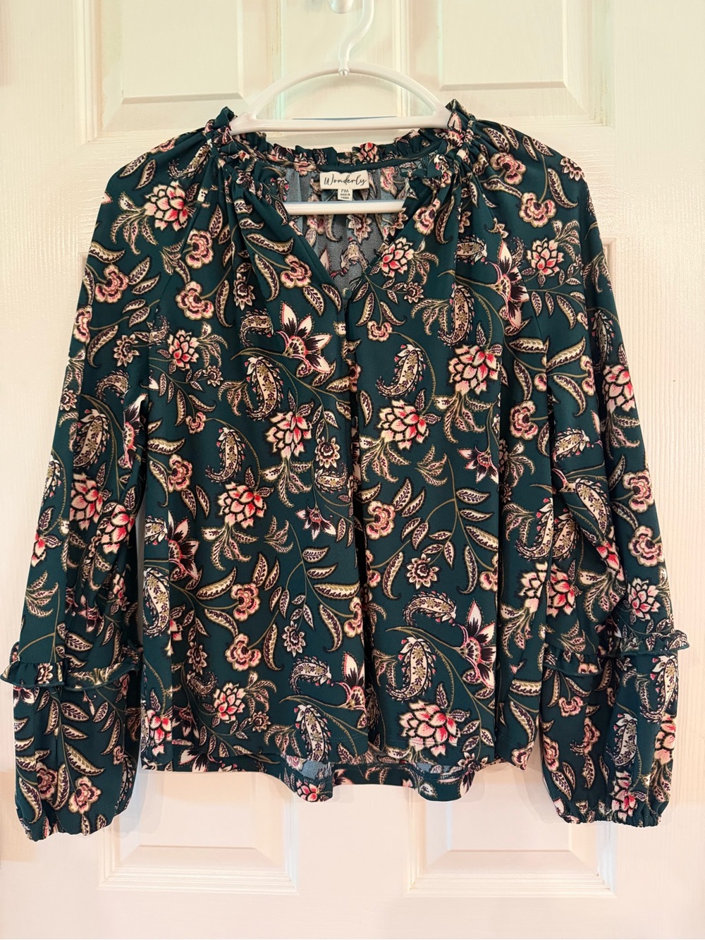 Wonderly Dark Teal Floral Tie-Neck Blouse